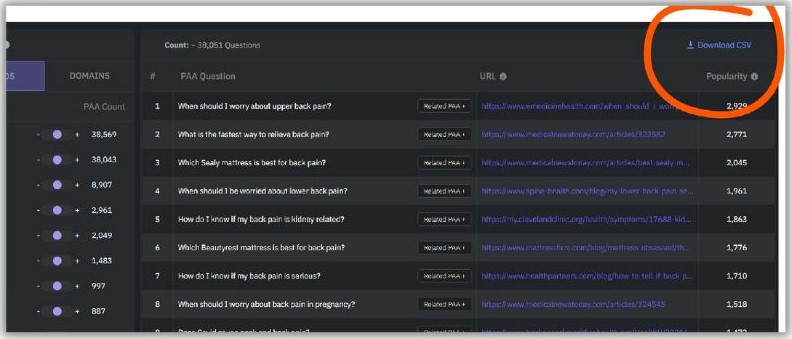 SearchResponse.IO PAA questions and download CSV