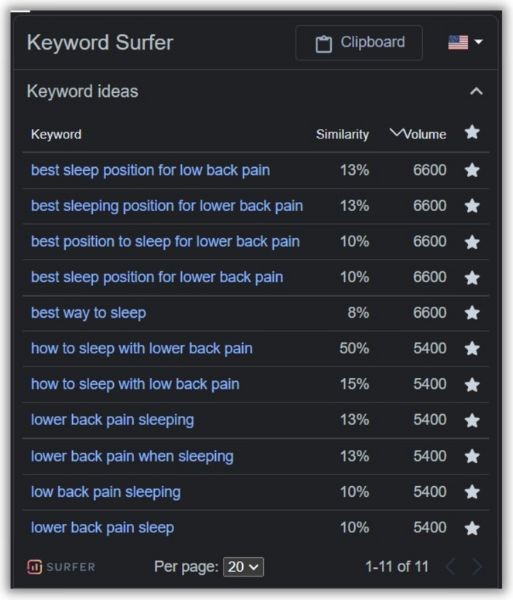 Surfer SEO Keyword Plugin with Keyword Ideas in Chrome browser