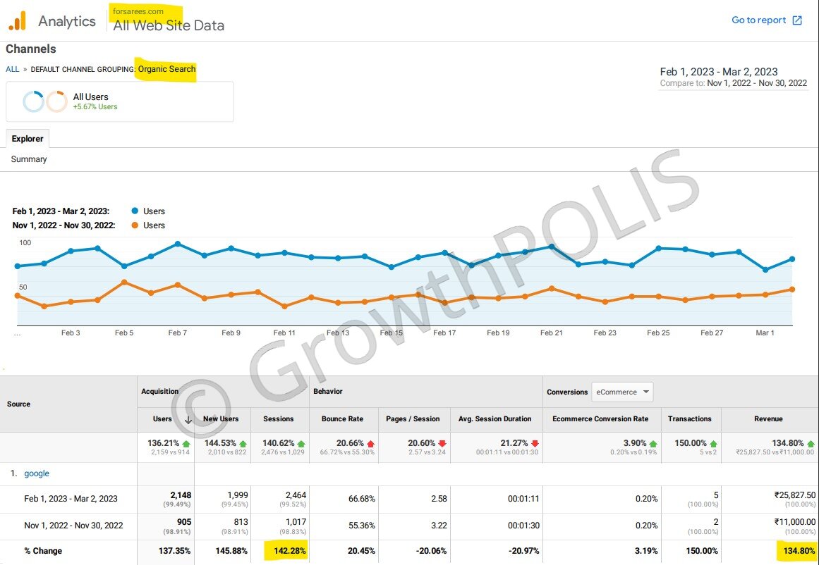 Forsarees-sessions-revenue Forsarees report showing organic sessions and revenue on monthly basis