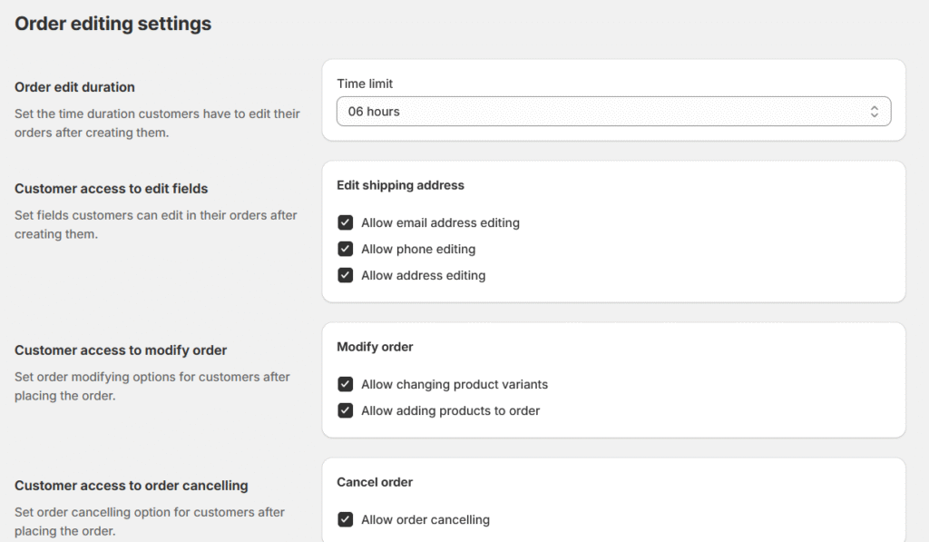 Shopify Order Editing app settings