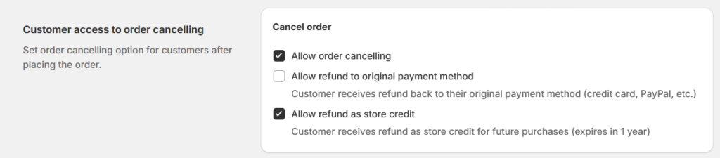 Refund to Store credit settings on order cancellation