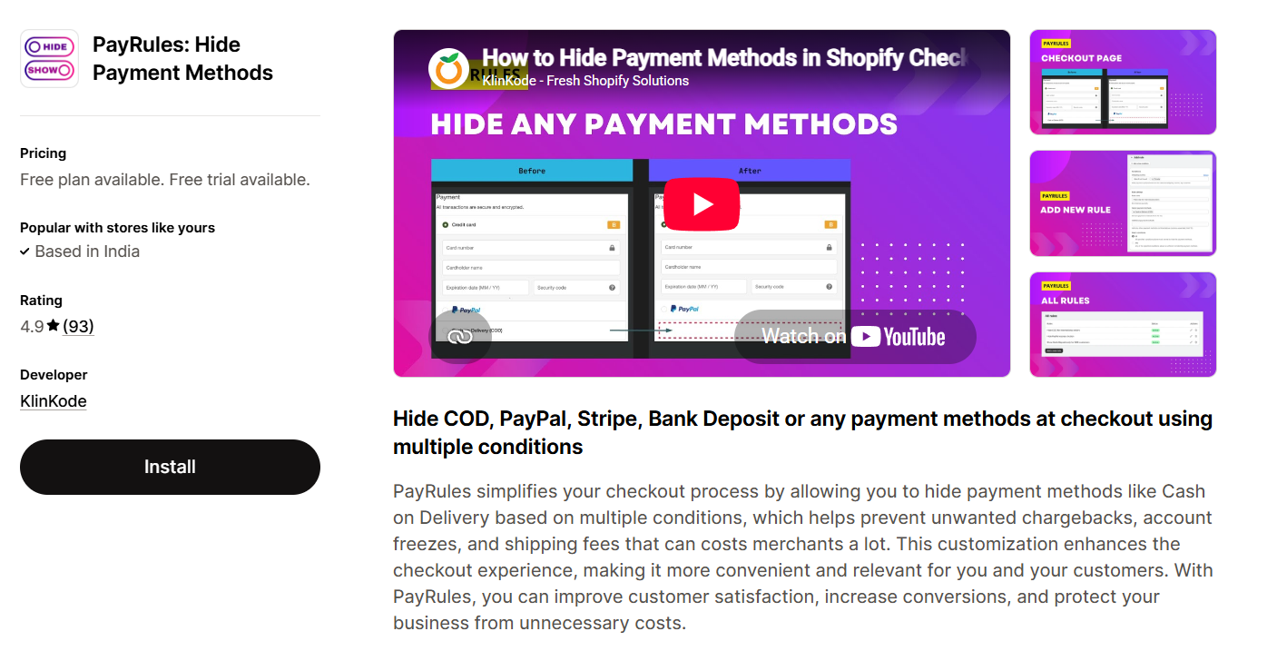 PayRules PayRules Shopify App for Hiding Payment methods
