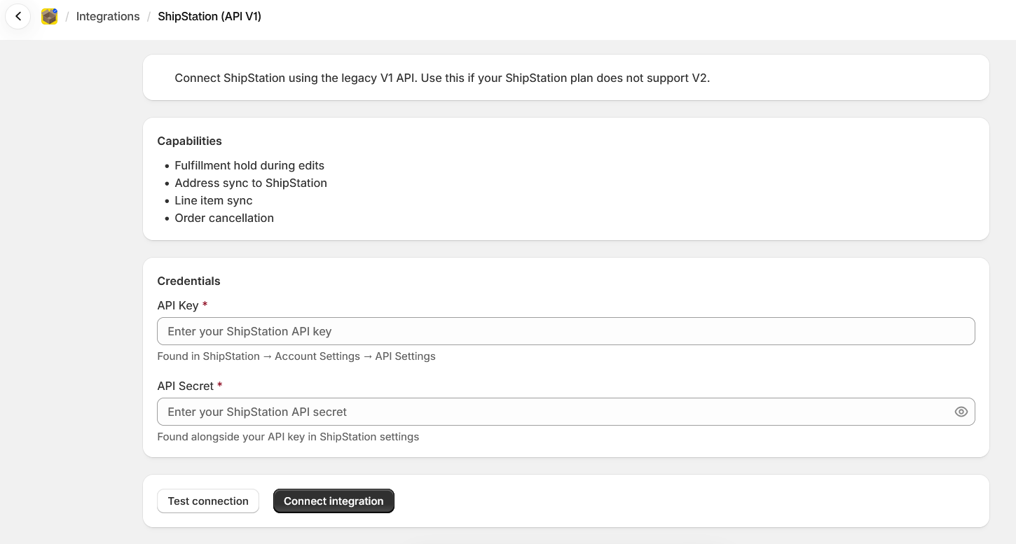 Integrations page with the ShipStation connect and test connection screens
