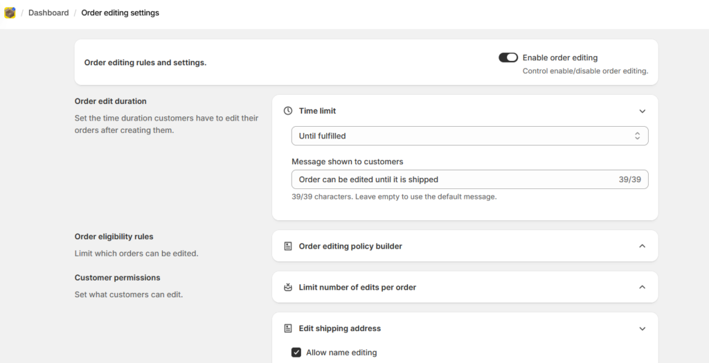 order editing settings