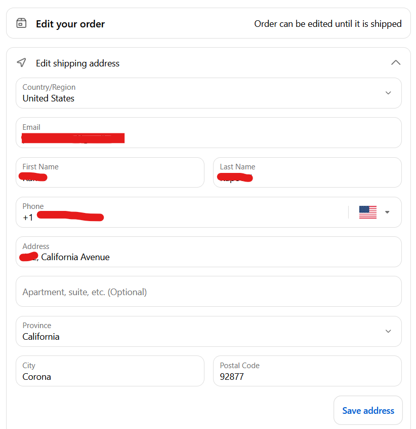 customer on the Order Status page changing a shipping address, with the confirmation message